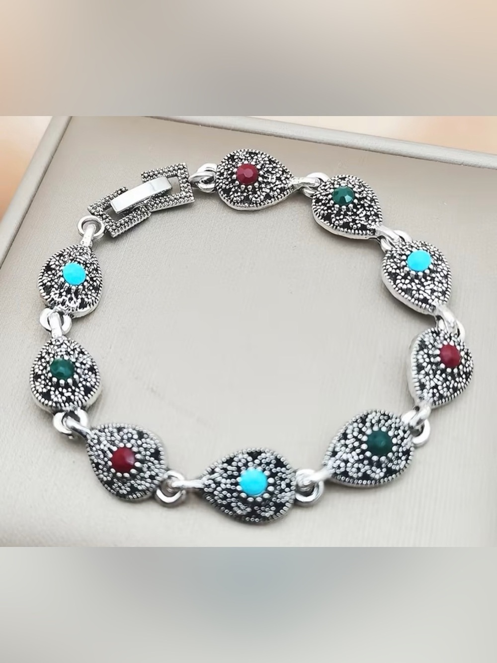 Bohemian Vintage-Inspired Silver Teardrop Bracelet with Red and Turquoise Stones